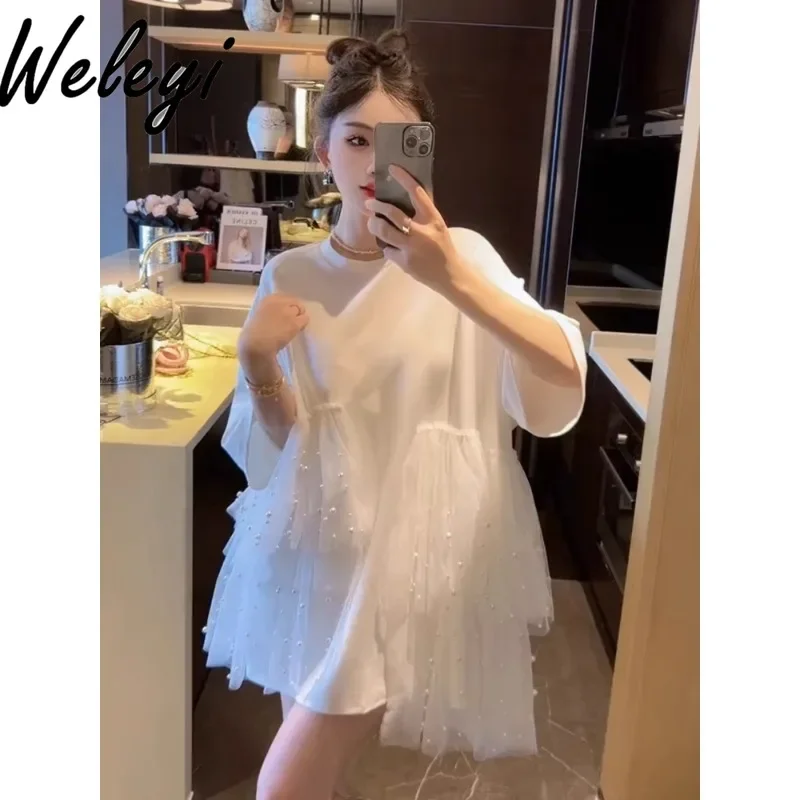 Large Size Beautiful White Tee Dresses with Pearls Mesh Summer Women's Gentle Lace Splicing Short Sleeve Short T-Shirt Dresses