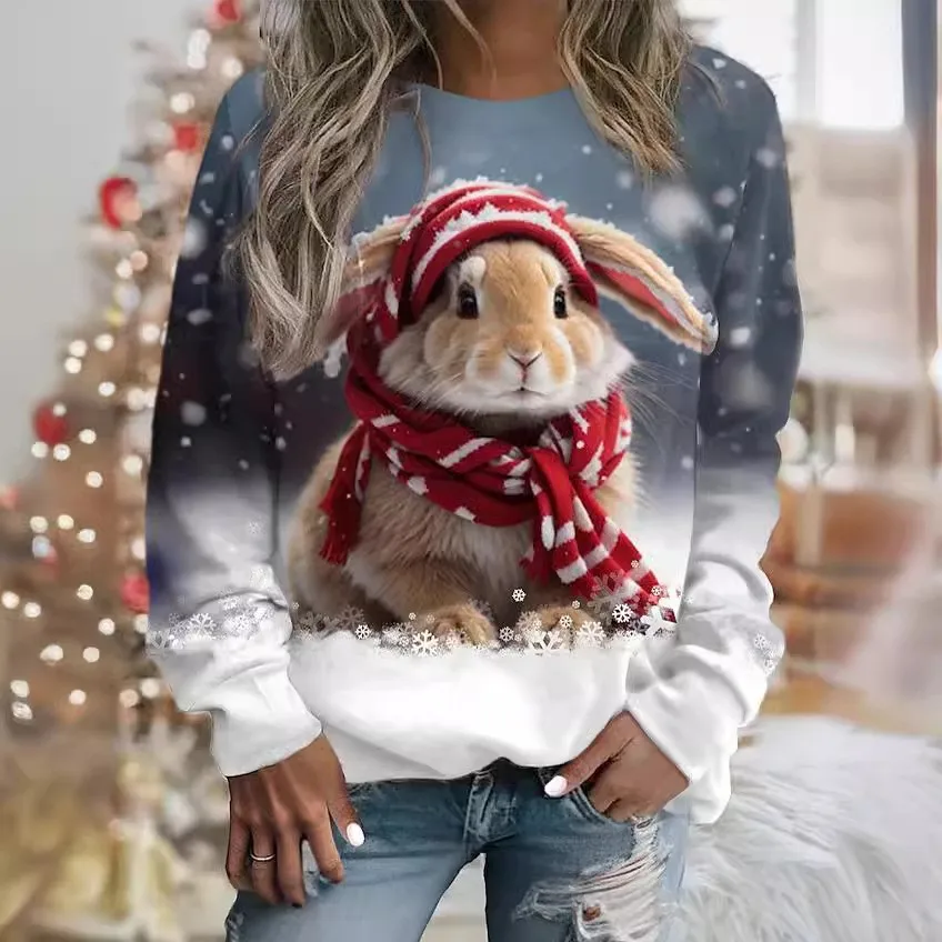 Cross border women\'s clothing hot selling new 3D digital printed Christmas bunny cute round neck pullover long sleeved T-shirt i