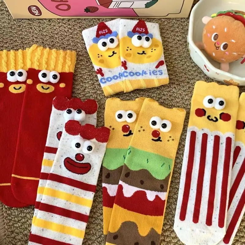 3/5 Pairs Fun Novelty Couples Socks Women Cute Cartoon 3D Big Eyes Mid Calf Socks with Hamburger French Fries Print Sock