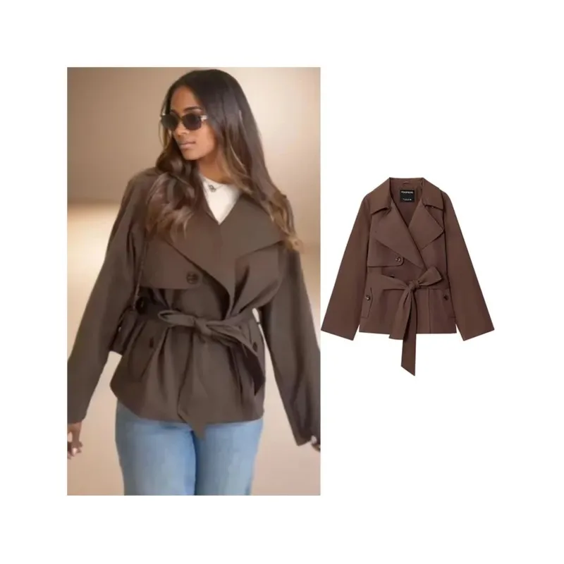 

Women's Lapel Button Tied Short Windbreaker Autumn Fashion Loose Women's Short Jacket solid Color Casual long sleeved Top