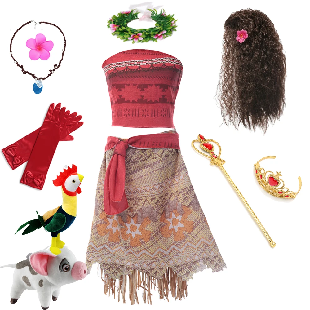 

Moana 2 Dresses Vaiana Princess Dress Girls Kids Cosplay Costume Necklace Wig Pig Doll Halloween Carnival Party Vestidos Outfits