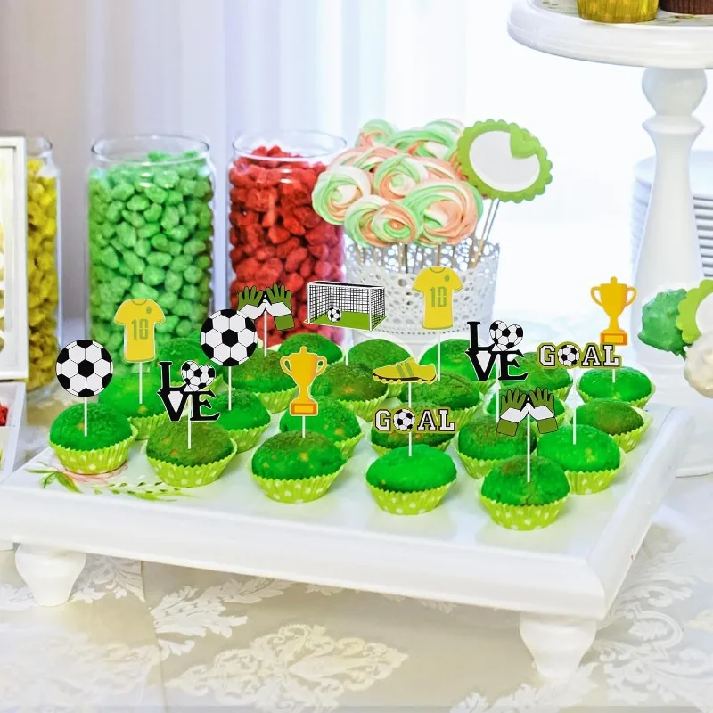 24pcs/set Soccer Cupcake Toppers Decorations Sports Cupcake Picks for Soccer Party Decoration Football Theme Party Supplies Tool