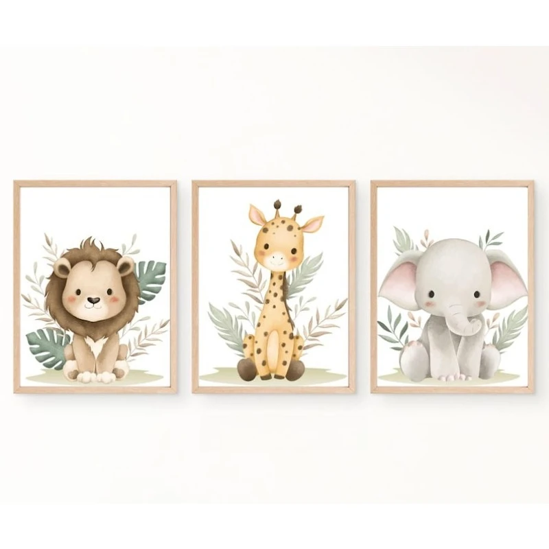 3pcs/set Safari Nursery Canvas Printing Lion Giraffe & Elephant Neutral Jungle Animal Wall Art Poster for Modern Home Decor Gift