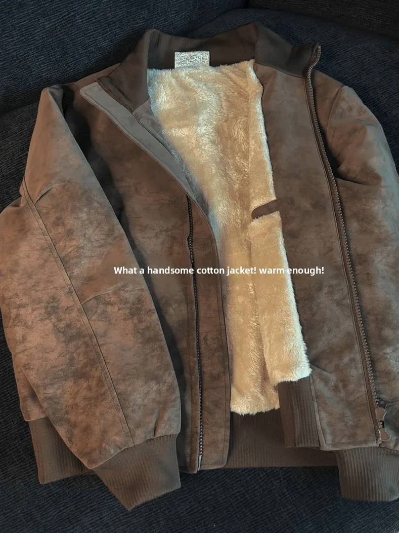 

American Dyed PU Leather Fce Lined Cotton Jaet Men's Winter Thi Warm Casual Stand Collar Jaet Loose Outerwear