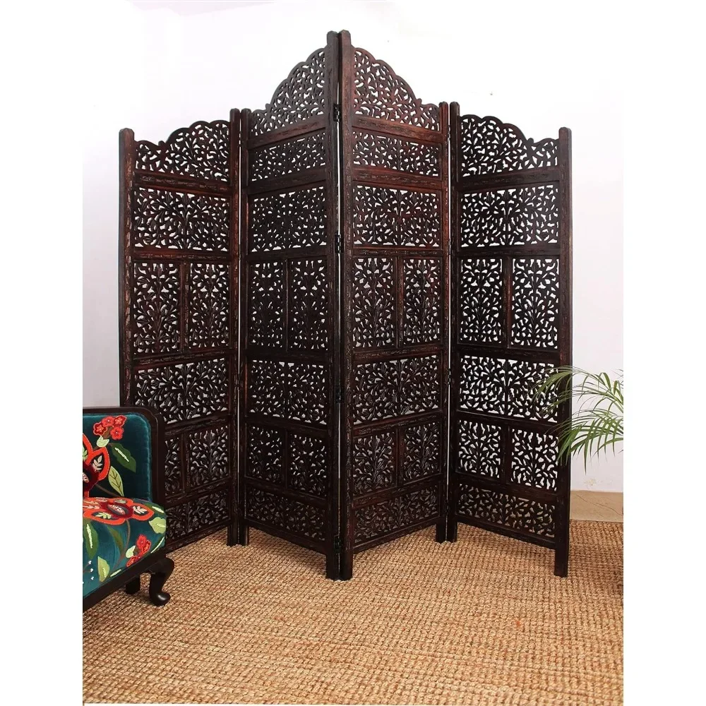 Room Divider Wood Screen Scroll Antique Brown 4 Panel Folding 72x80 Wooden Hand Carved Floor Screen Boho Decorative