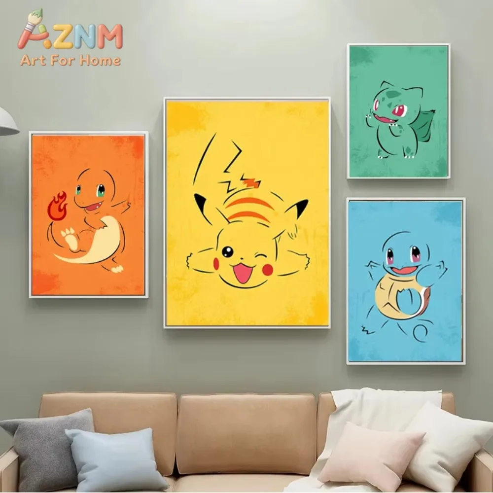 Póster minimalista de Pokémon Anime Pikachu Charmander Squirtle Bulbasaur, decoración de pared para dormitorio de niños, regalos, 1/4 Uds.