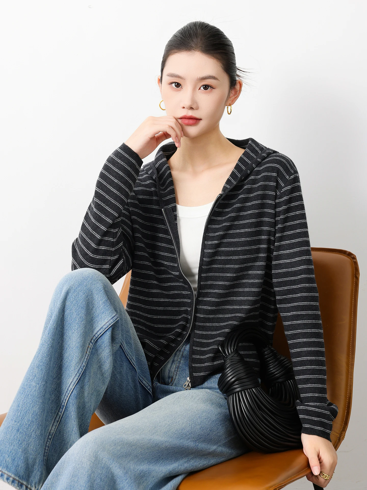 เสื้อสเวตเตอร์ถักมีฮู้ดแบบมีซิปคู่ สไตล์เกาหลี ลายทาง สำหรับผู้หญิง รุ่นสปริง/ออทัมน์