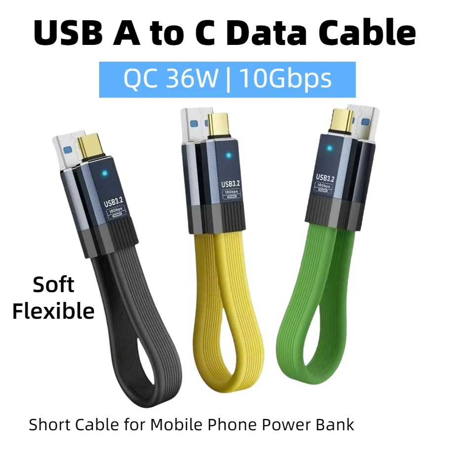 

USB 3.2 Type-A to C 10Gbps Data Cable QC 36W 3A Fast Charging Flexible Flat Cord for Mobile Phone Tablets Laptop External SSD