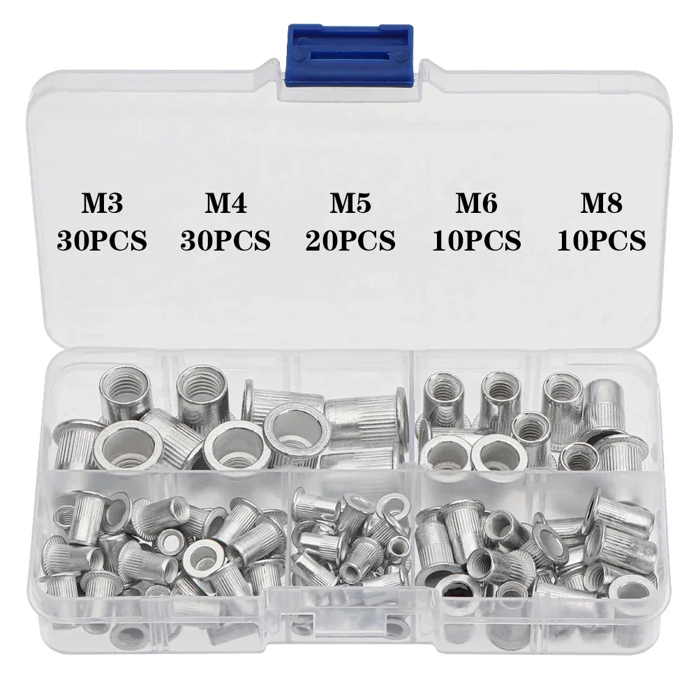 100Pcs Aluminum Rivet Nuts Kit M3/M4/M5/M6/M8 Flat Head Threaded Inserts for Automatic Tool Installation