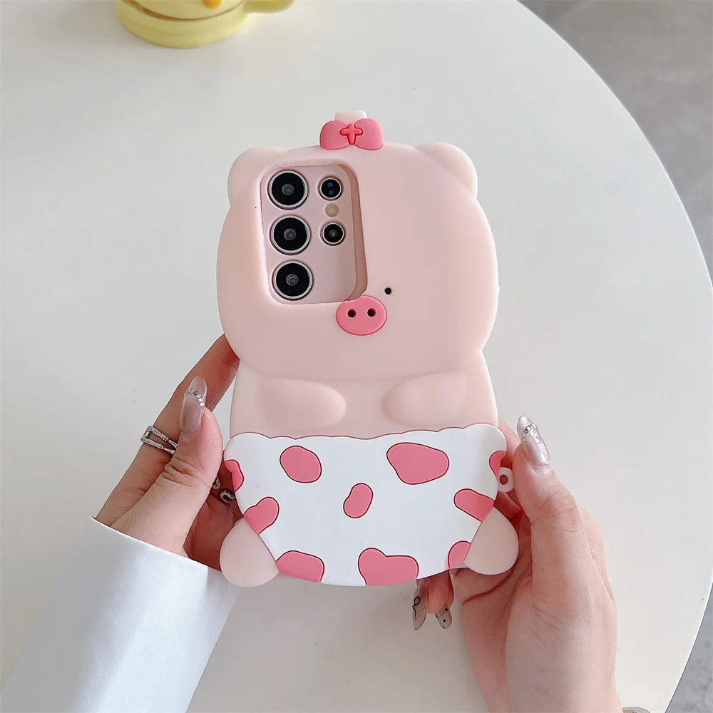 Kawaii Cartoon Chubby Pig Phone Case for S26 Ultra Pastel Pink Bow Soft Silicone Protective Cover for Samsung Galaxy S25 S23 A57