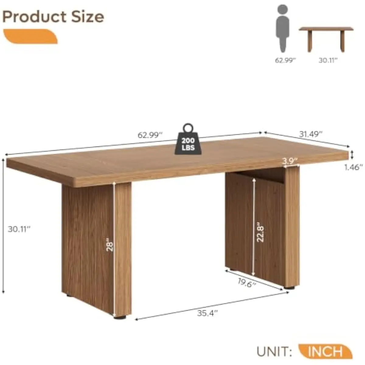 63 Inch Modern Wood Desk with Vertical Fluted Detailing • 62.99 W x 31.5 D x 30 H Inches • Lacquered Brown Finish • 1.46 Thick S