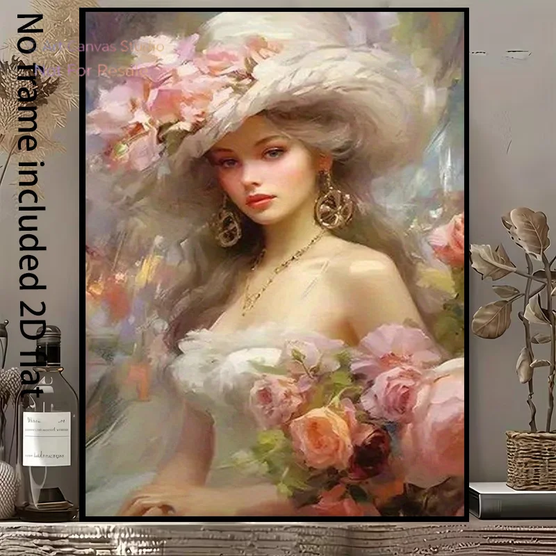 2D Flat, 1pc Vertical Frameless Canvas - Elegant Lady in Ornate Dress with Wide-Brimmed Pink Flower Hat & Bouquet, Suitable f