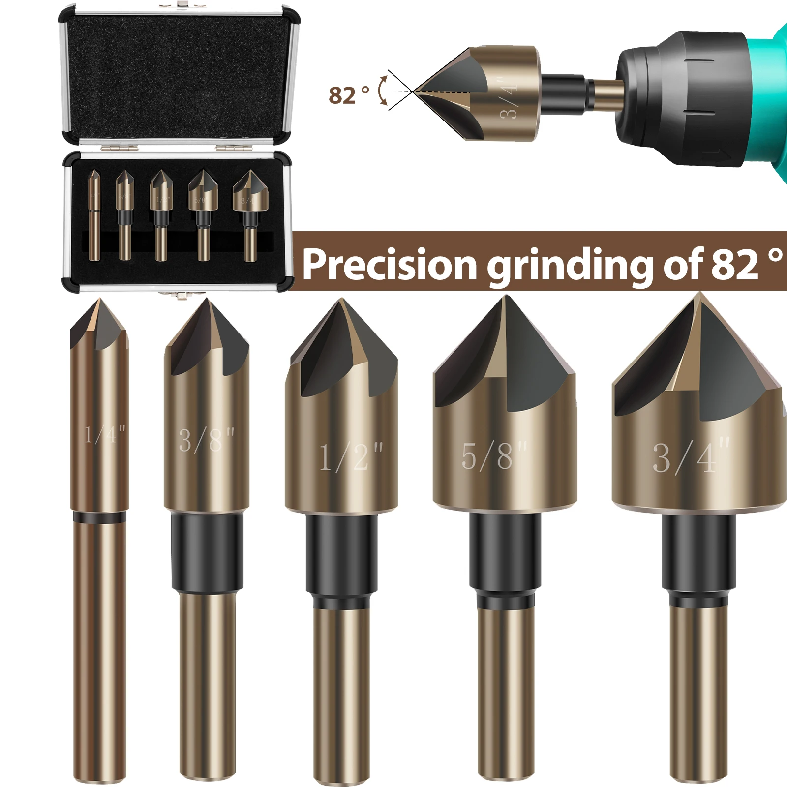 

5 Flute Countersink Drill Bit 82 Degree Countersink Holes for Screws to Sit Flush/Under The Surface of Metal Wood Woodworking