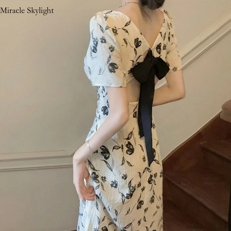 

Tea Break French Style Backless Dress For Women In SummerHigh-End Elegant Long With A Slim Waist And Gentle StyleFloral