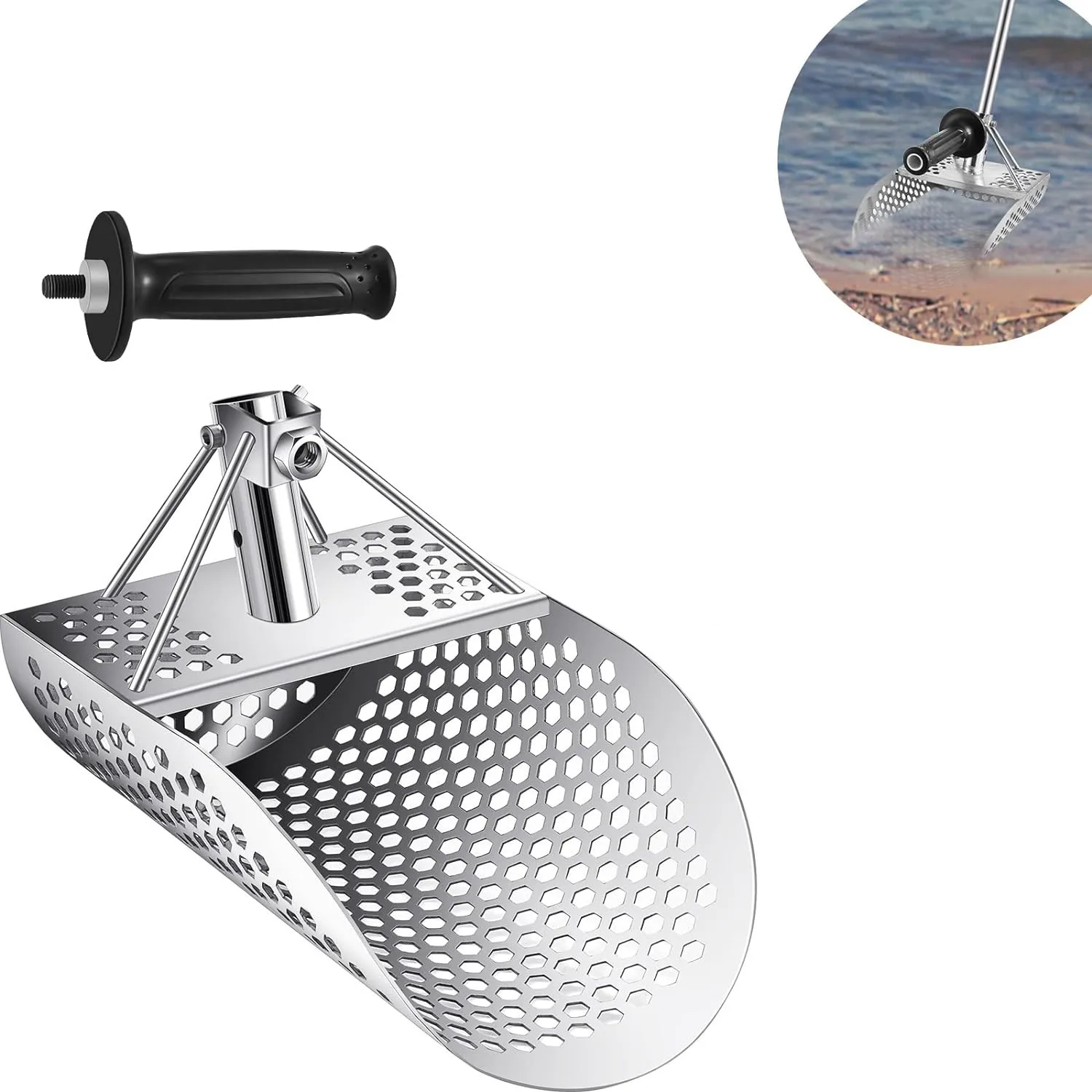 Stainless Beach Sand Scoop Metal Detecting with Handle Tool Fast Sifting Metal Detector Treasure Hunting Shovel Tool