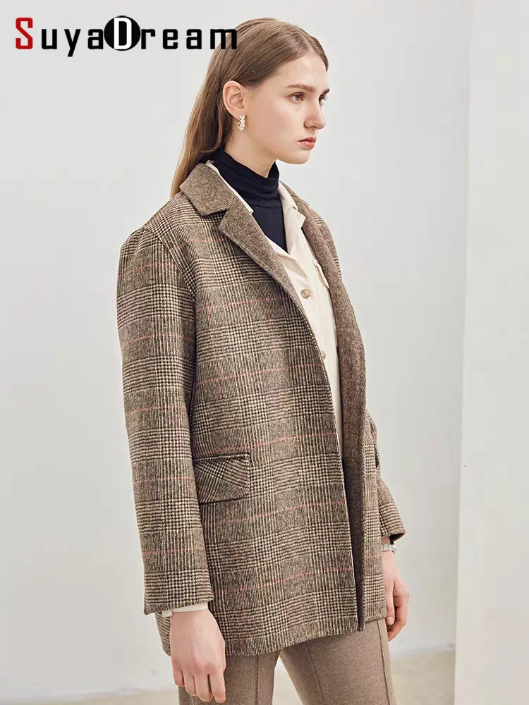 SuyaDream Handgefertigter 90% Woll-Blazer für Damen 2025 Eleganter Schicker Wollmischung Khaki Blauer Wintermantel