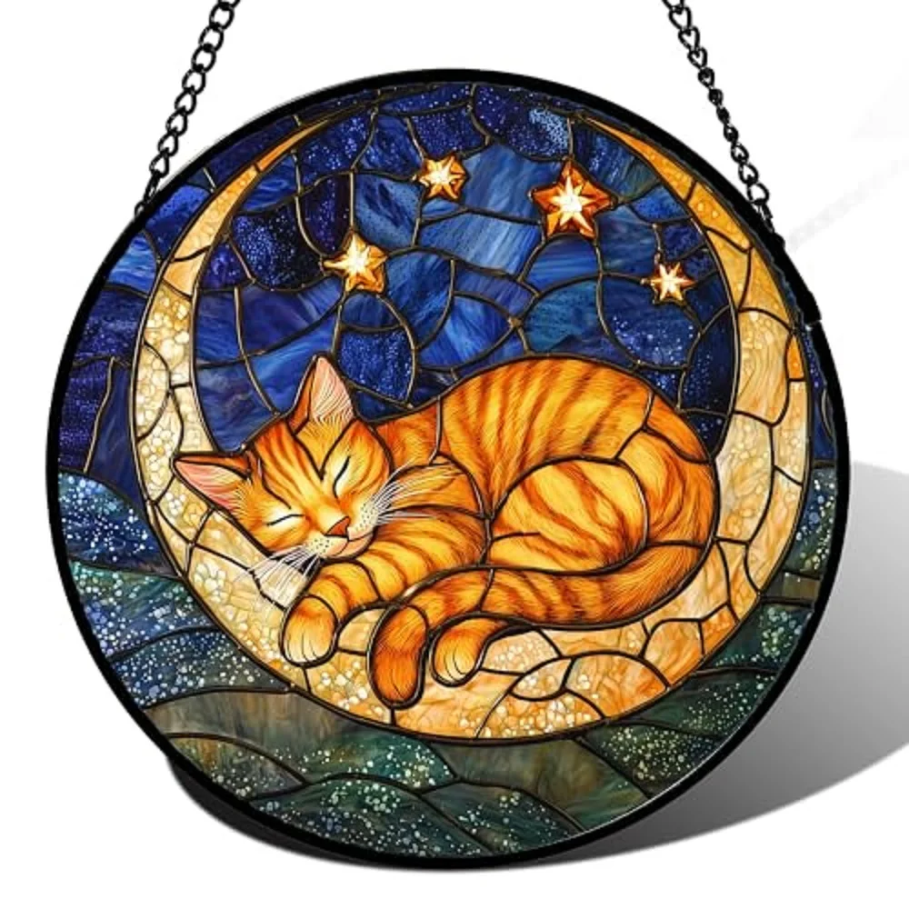 Stained Glass Window Hanging - Orange Moon Sleeping Cat Sun Catcher for Door Home Decor Blue Starry Sky Suncatcher Christmas Mot