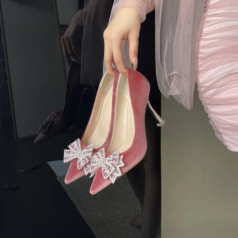 Size 30-44 Women's Pink Velvet Rhinestone Bow Pumps 2026 Pointed Toe Stiletto Heels for Wedding Party Evening Dress Plus Size view 2