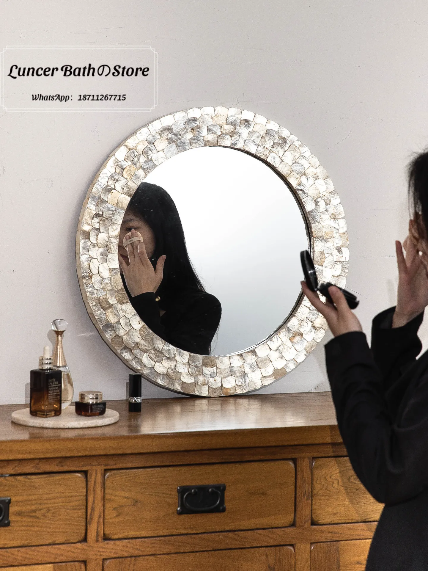 French antique natural shell decorative mirror entrance neoclassical round wall-mounted mirror bedroom dressing mirror bathroom