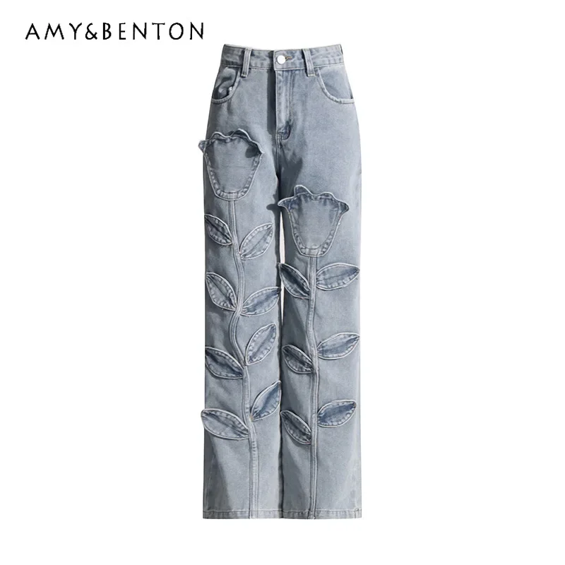 

Streetwear Casual Jeans 2024 Autumn New Fashion Flower Splicing Design High Waist Straight Zipper Denim Trousers Women's Clothes