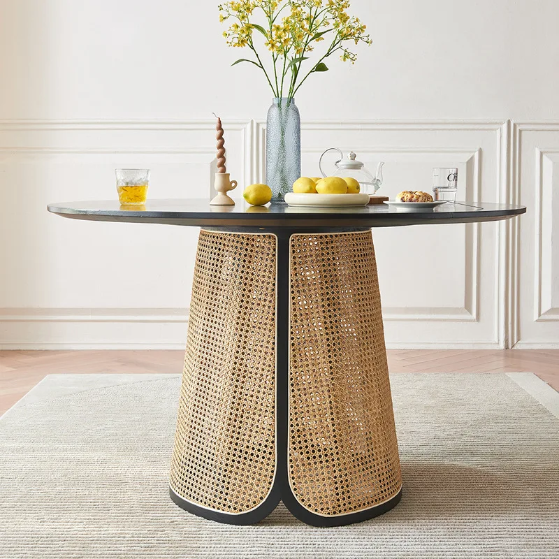 Wabi-Sabi Style White Ash Solid Wood Round Dining Table with Black Rattan Set for Home & Guesthouses