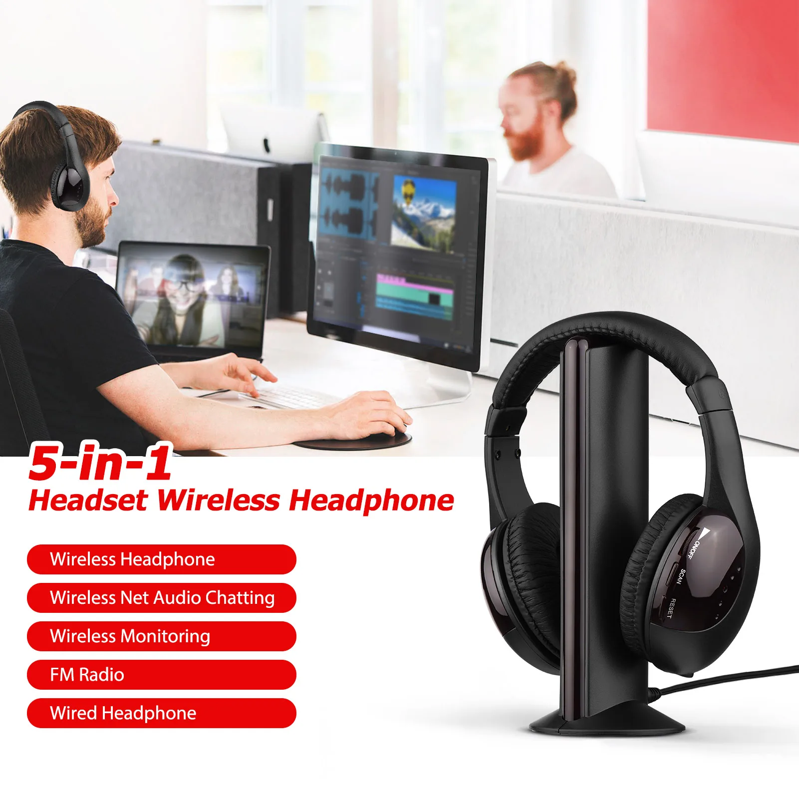 5-in-1 Multifunctional Wireless Headset FM Hi-Fi Wireless Headphone Emitter & Receiver Set FM Radio Computer TV Monitor Cordless