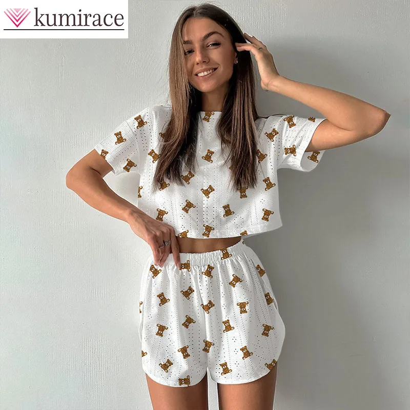 

2025 summer teddy bear print round neck short sleeved shorts pajamas two-piece set soft and cool women's home wear short sets