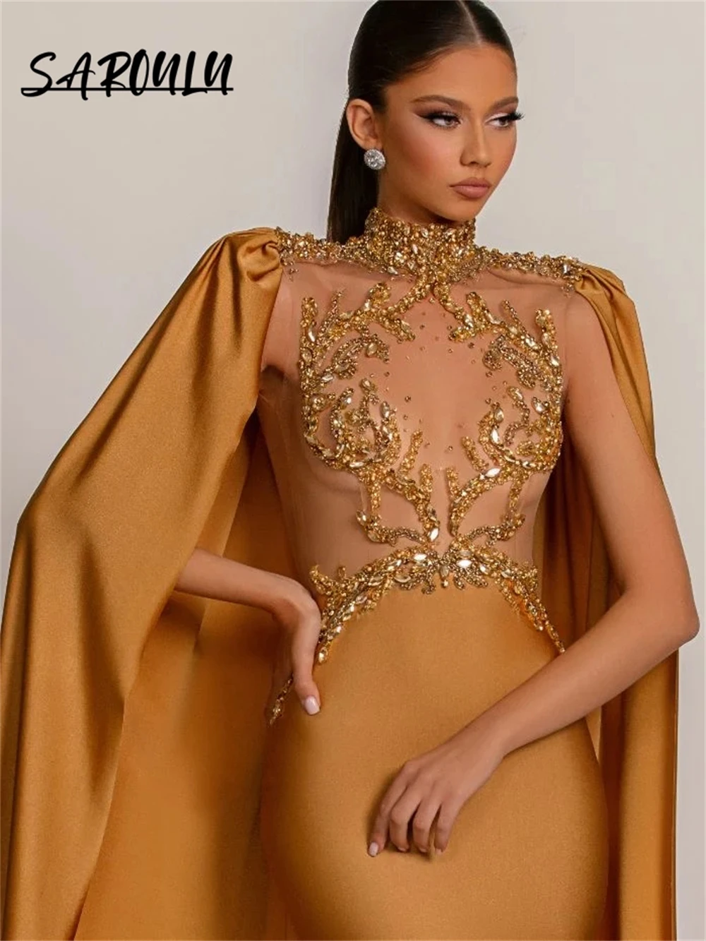 Luxury Hand-sewn Beaded Prom Dress Satin Cape Long Sleeves High Neck Illusion Rhinestones Long Maxi Evening Dresses Plus Size