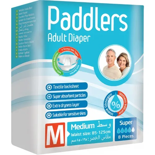 Paddlers Adult Diapers Medium 8 Pieces, • Absorbent substrate • Super Absorbent channels • Extra dryness • Suitable for sensitive skin