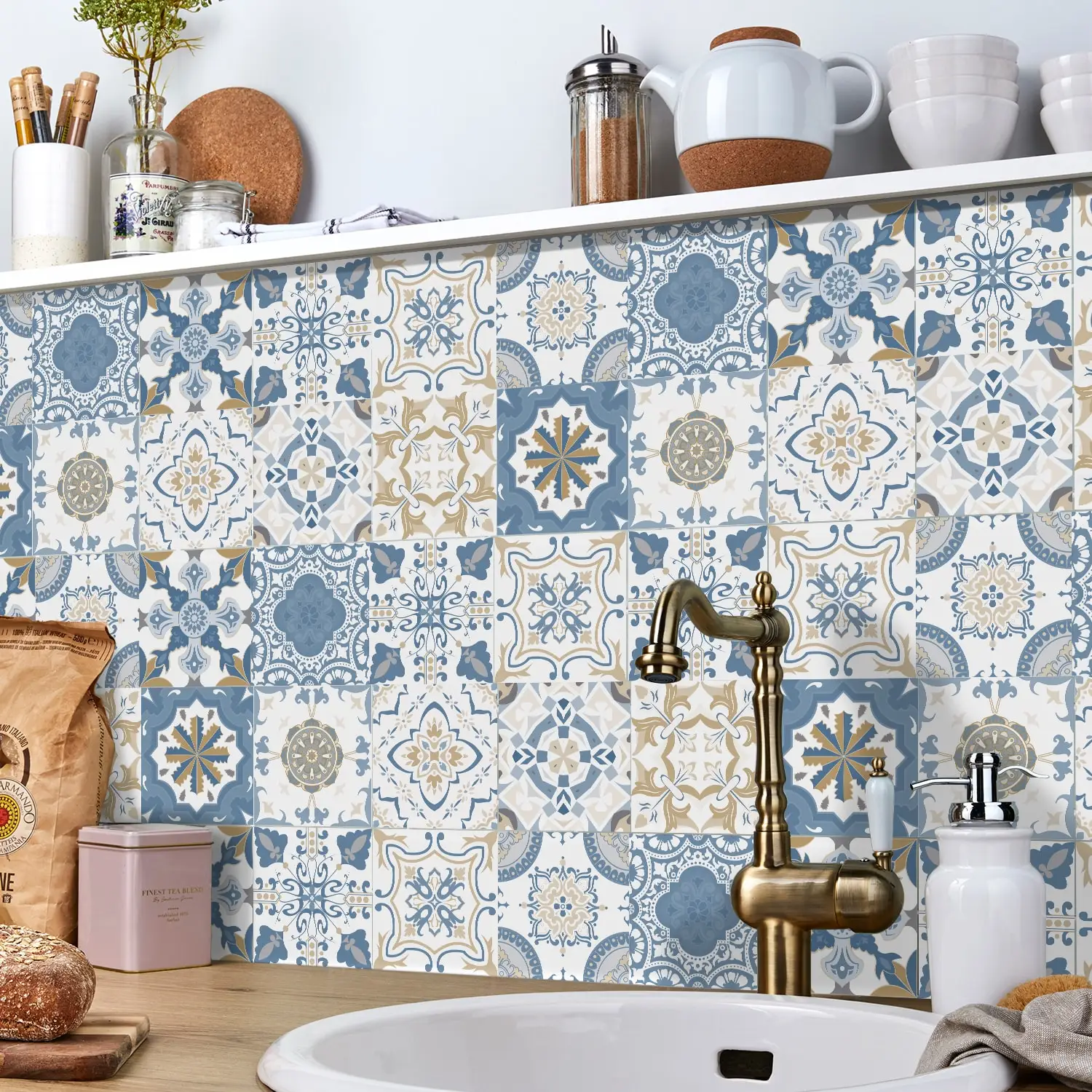 24 Pieces of Mandala Retro Pattern Glossy Self-adhesive Tile Stickers for Kitchen and Bathroom Removable Waterproof Wall Sticker