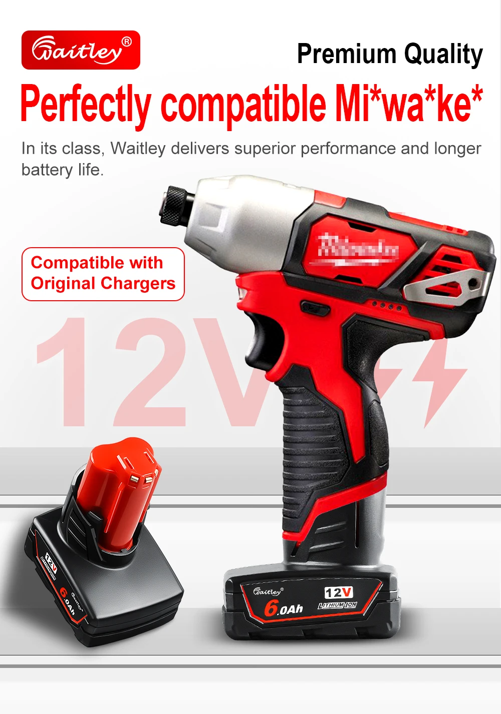 Waitley 12V 6Ah 9Ah Li-Ionen-Akku für Milwaukee 12V Elektrowerkzeuge M12 Kabelloser Bohrer Lithium-Ionen-Batterien 48-11-2402 – Detail 2