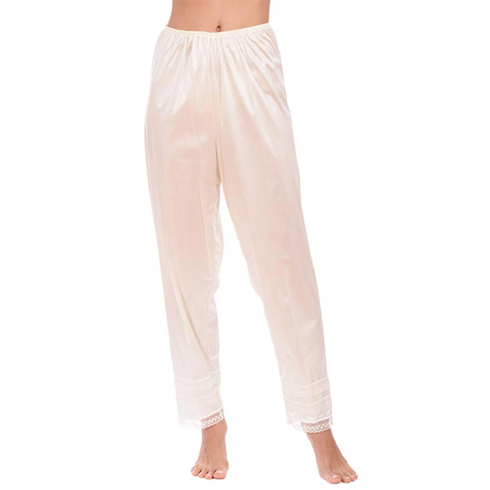 Female Pyjama Trousers Solid Color Lace Trim High Elastic Waist Long Pants Nightwear for Women S/M/L/XL/XXL