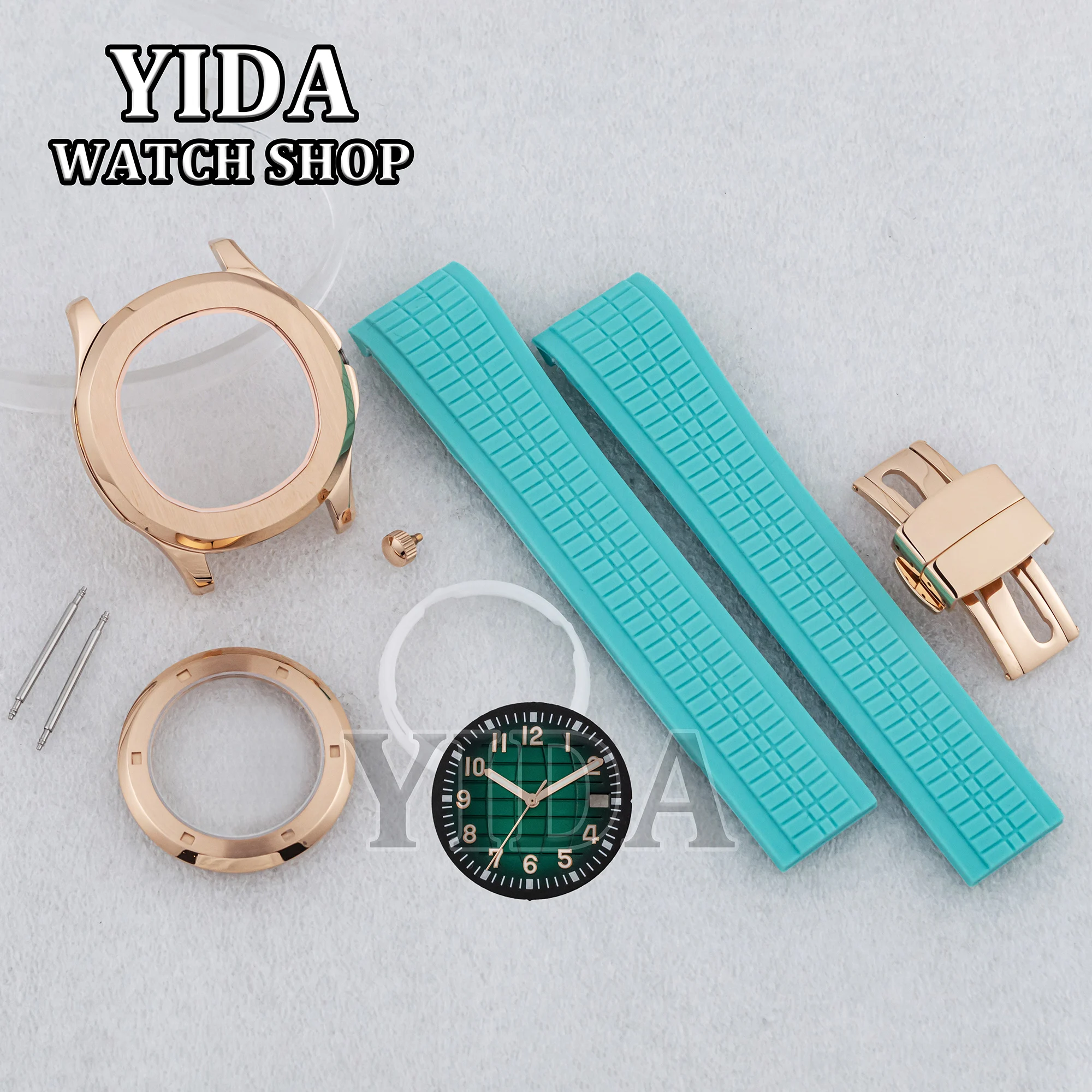 

Rose Gold 42MM NH35 Case Rubber Band Luminous Dial Hands Sapphire Glass for AQUANAUT Nautilus NH36 Movement Watch Replacements