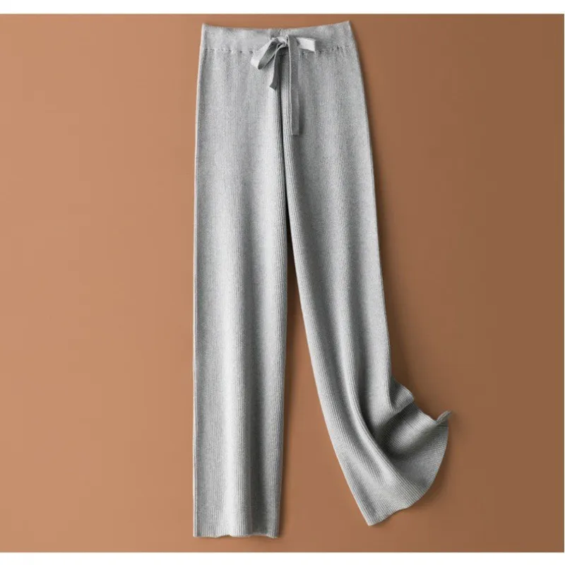 Pantalones de pierna ancha de punto de lana blanca para mujer, pantalones informales holgados elásticos de cintura alta de corte recto para otoño y primavera