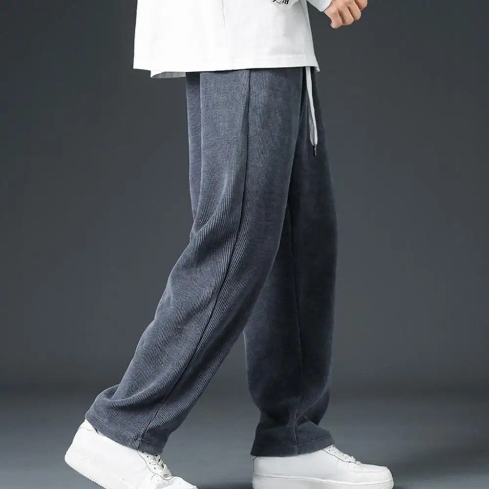 Adjustable Waistline Pants Drawstring Fleece Pants Men's Thickened Plush Wide Leg Sweatpants with Drawstring Elastic for Fall