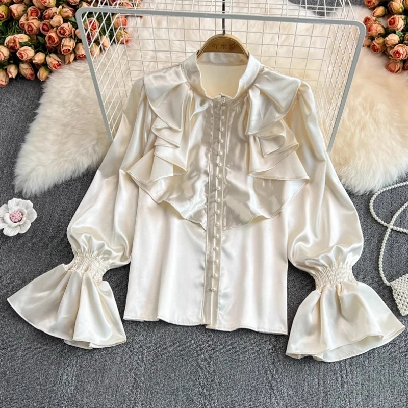 Vintage Flare Sleeve Women Blouse Sand Collar Ruffles Tops 2025 Spring Single breasted Solid Color Office Lady White Shirt