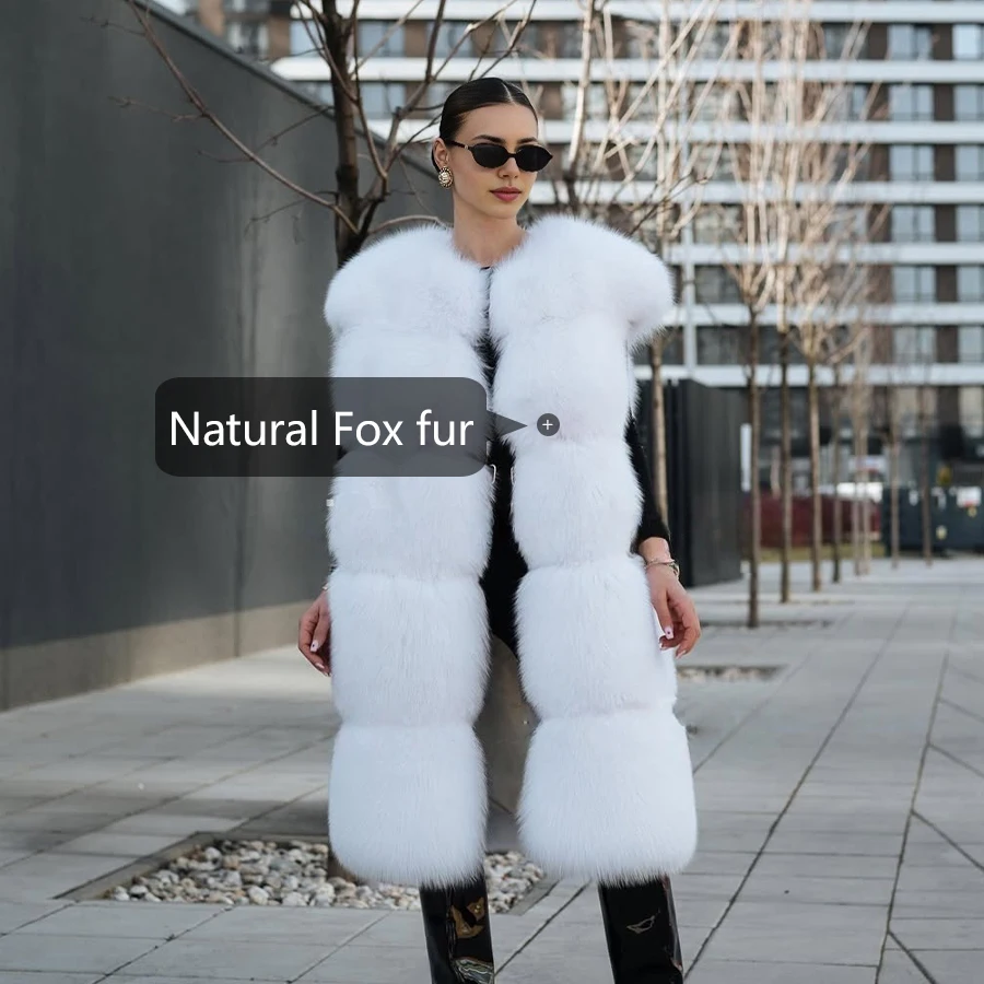 여성용 천연 여우털 조끼, 흰색 여우털 코트, 라운드 칼라 크롭 퍼 재킷, 신상 따뜻한 롱 리얼 퍼 조끼