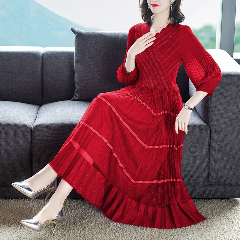 2023 New Fashionable Silk Dress Women\'s Autumn Retro Pleated Bottom Skirt French Loose Tight Casual Vacation Vestidos