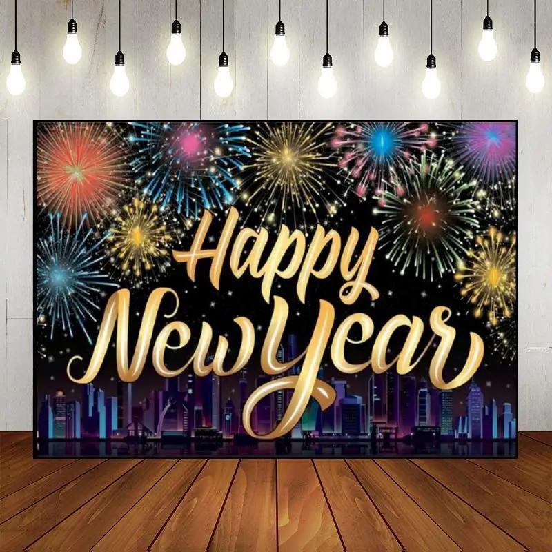 Happy New Year Party Background Glitter Bokeh Custom Birthday Backdrop Black Gold Photo 12 O 'Clock Countdown Baby Shower Lights