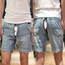 Summer Invisible Open Crotch Shorts Outdoor Sex Vintage Jeans Male Denim Casual Shorts Youth Knee Length Men Clothing Plus Size