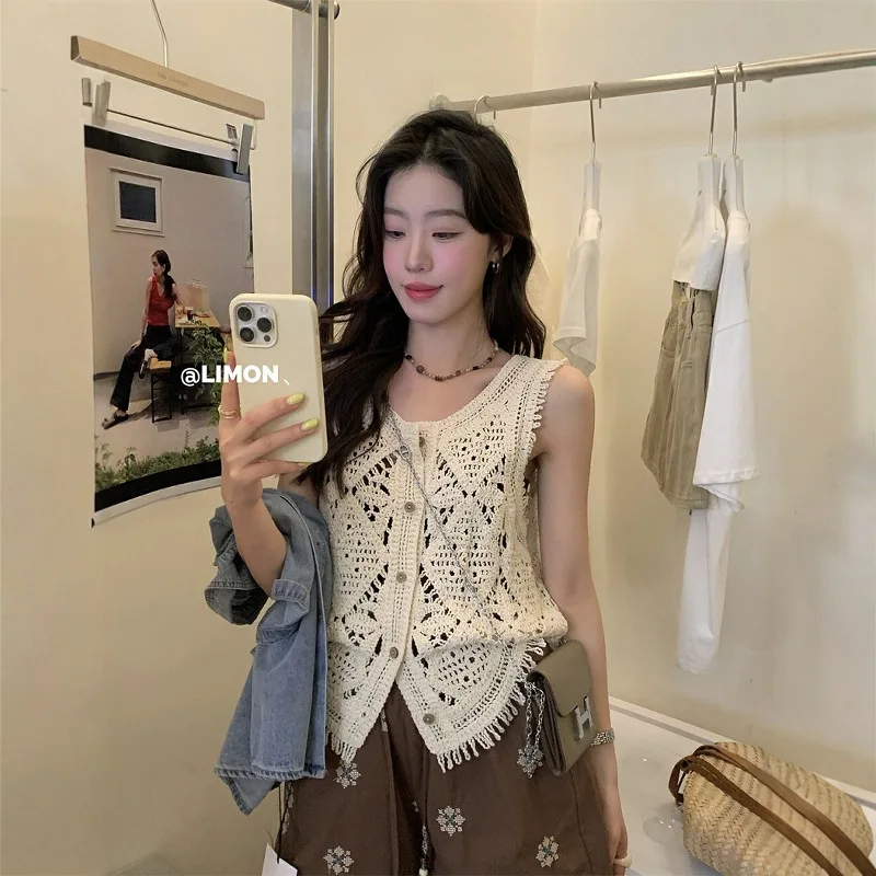 

Retro Korean Sle Knitted Hollow out Svel Vest Women's Summer Casual Vaion Tassel Trendy Open Cardigan Top