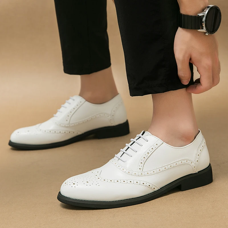 النمط البريطاني البني البروغ أحذية الرجال الأحذية الرسمية الأعمال أحذية من الجلد عادية رجل أشار تو فستان رجالي أحذية كبيرة الحجم 48 #5