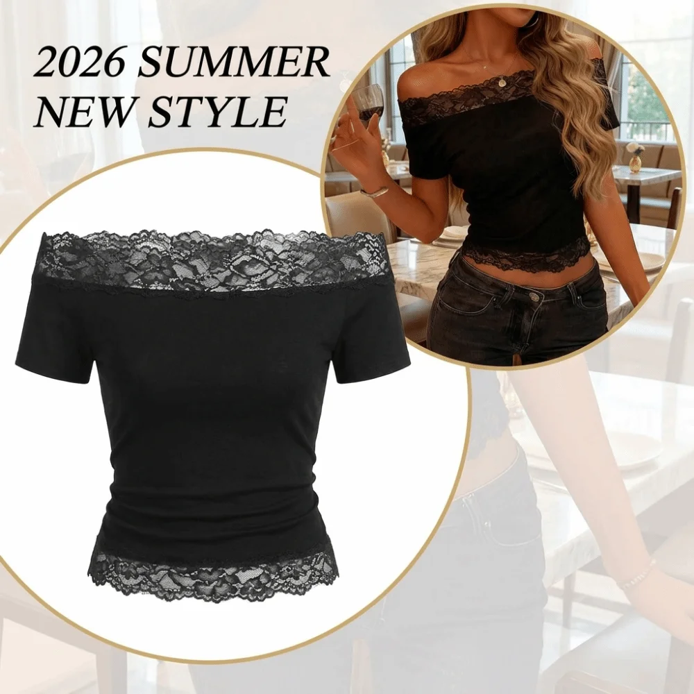 Off Shoulder Neckline Women Crop Top Short Sleeves Lace Hem Trim Lace Trim Shirt Body Hugging Soft Fabric Short Sleeve T Shirt