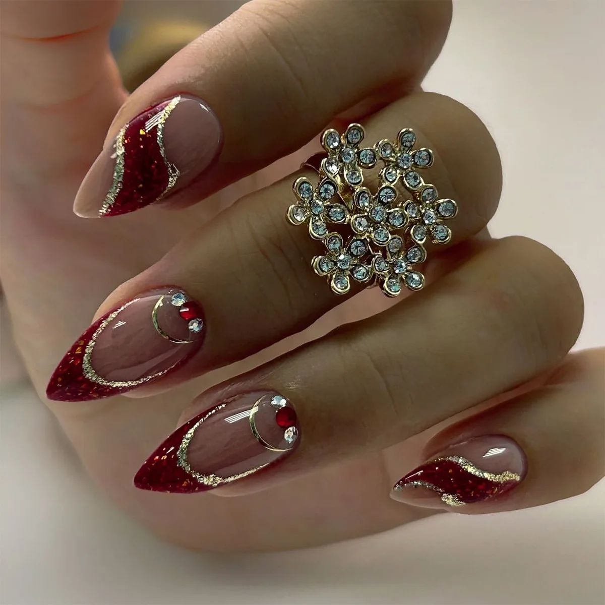

24Pcs Mid-length Almond False Nails Press on Red Shiny Powder Sequin French Fake Nails Rhinestone Wearable Full Cover Nails Tips