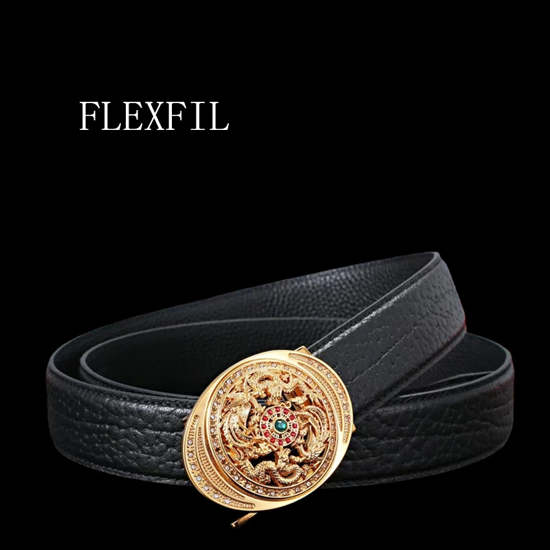 

FLEXFIL мужской винтажный кожаный ремень, металлический простой деловой модный классический брендовый ремень для отдыха из коровьей кожи, джинсы, мужской ремень