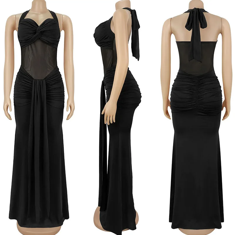 Sexy Halter Strapless Bodycon Maxi Dress Woman Elegant Sheer Mesh Patchwork Draped Ruched Midnight Club Party Evening Dresses