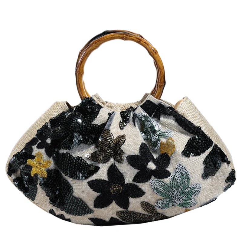 Bolsa de noite bordada com lantejoulas florais para mulheres, bolsa de mão plissada, vintage, vestido de convidado de casamento, festa
