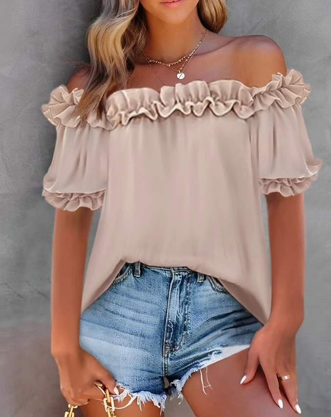 

Summer New Frill Hem Off Shoulder Short Sleeve Top Clean Color Lace Up Cuffs Lace Over Shoulder Sleeves Short Sleeved Shirt