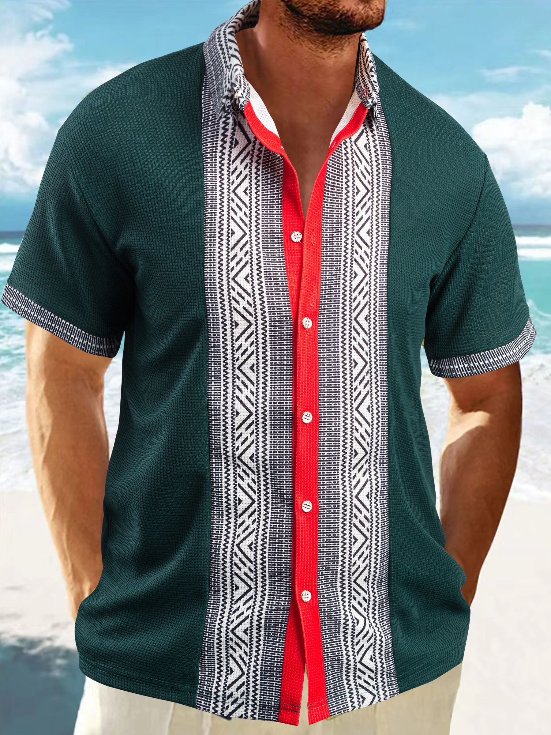 2025 summer new men's Waffle leisure lapel patchwork color breasted cardigan outdoor leisure high-grade short-sleeved shirt