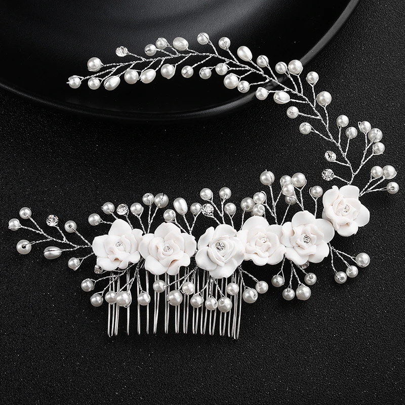 Newest White Pottery Flower Pearls Hair Combs Handmade Austrian Crystal Wedding Hair Jewelry Accessories Bride Hairpieces